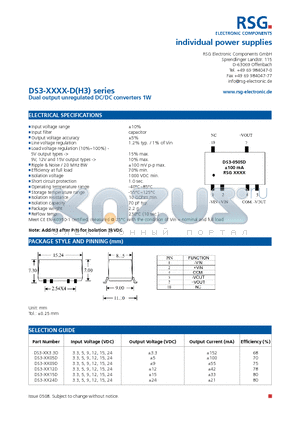 DS3-XX3.3D datasheet - Dual output unregulated DC/DC converters 1W