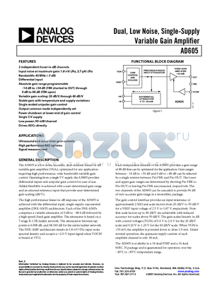 AD605ACHIPS datasheet - Dual, Low Noise, Single-Supply Variable Gain Amplifier