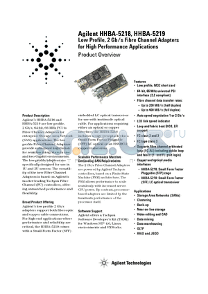 HHBA-5218XP1 datasheet - Low Profile, 2 Gb/s Fibre Channel Adapters for High Performance Applications
