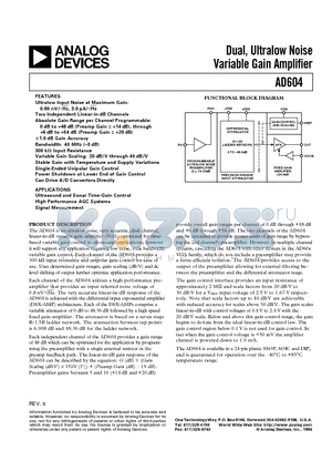 AD604ARS datasheet - Dual, Ultralow Noise Variable Gain Amplifier