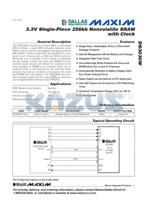 DS3030W-100 datasheet - 3.3V Single-Piece 256kb Nonvolatile SRAM with Clock