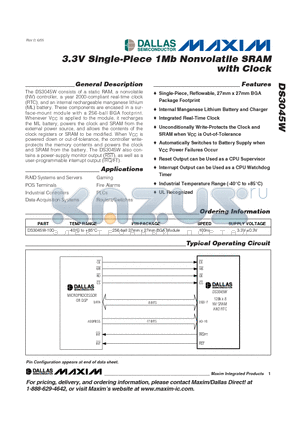 DS3045W-100 datasheet - 3.3V Single-Piece 1Mb Nonvolatile SRAM with Clock