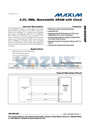 DS3065WP-100IND+ datasheet - 3.3V, 8Mb, Nonvolatile SRAM with Clock