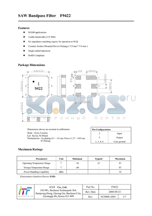 F9422 datasheet - SAW Bandpass Filter