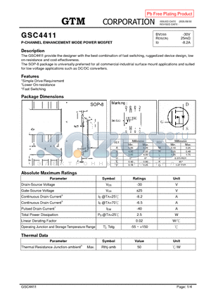 GSC4411 datasheet - P-CHANNEL ENHANCEMENT MODE POWER MOSFET