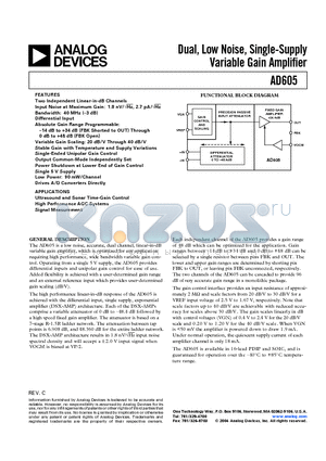 AD605BN datasheet - Dual, Low Noise, Single-Supply Variable Gain Amplifier