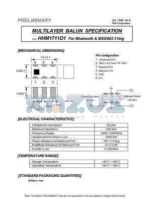 HHM1711D1 datasheet - MULTILAYER BALUN SPECIFICATION