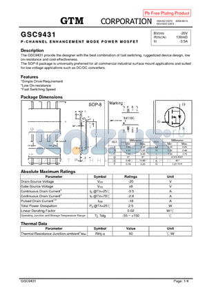 GSC9431 datasheet - P-CHANNEL ENHANCEMENT MODE POWER MOSFET