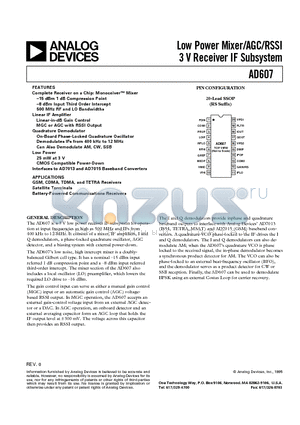 AD607ARS datasheet - Low Power Mixer/AGC/RSSI 3 V Receiver IF Subsystem