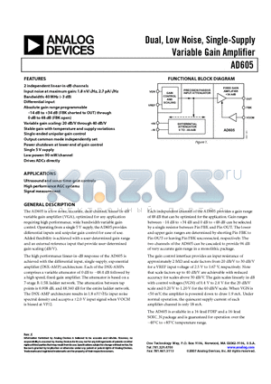 AD605BR-REEL7 datasheet - Dual, Low Noise, Single-Supply Variable Gain Amplifier