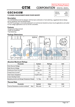 GSC9435M datasheet - P-CHANNEL ENHANCEMENT MODE POWER MOSFET