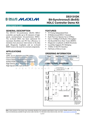 DS3131DK datasheet - Bit-SynchronouS (BoSS) HDLC Controller Demo Kit