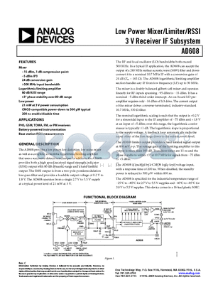 AD608ARZ datasheet - Low Power Mixer/Limiter/RSSI 3 V Receiver IF Subsystem