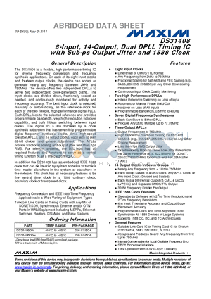 DS31408 datasheet - 8-Input, 14-Output, Dual DPLL Timing IC with Sub-ps Output Jitter and 1588 Clock