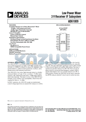 AD61009 datasheet - Low Power Mixer 3 V Receiver IF Subsystem