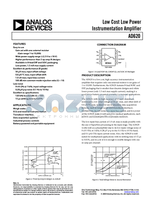 AD620ANZ datasheet - Low Cost Low Power Instrumentation Amplifier