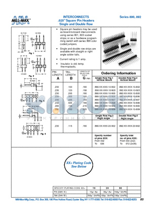 890-19-002-20-902 datasheet - INTERCONNECTS .025 Square Pin Headers Single and Double Row