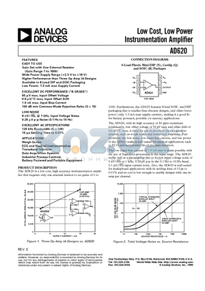 AD620BN datasheet - Low Cost, Low Power Instrumentation Amplifier
