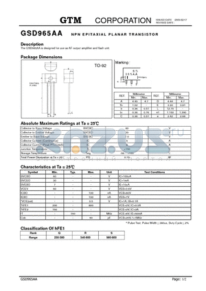 GSD965AA datasheet - NPN EPITAXIAL PLANAR TRANSISTOR