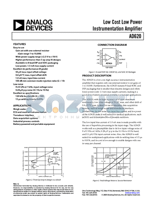 AD620BNZ datasheet - Low Cost Low Power Instrumentation Amplifier