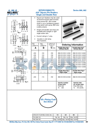 890-19-036-10-805 datasheet - INTERCONNECTS .025 Square Pin Headers Single and Double Row