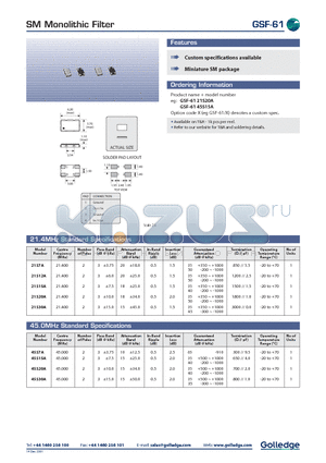 GSF-6121S20A datasheet - SM Monolithic Filter
