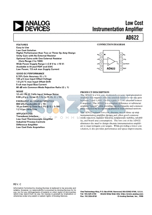 AD622 datasheet - Low Cost Instrumentation Amplifier