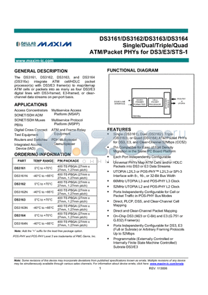 DS3161 datasheet - Single/Dual/Triple/Quad ATM/Packet PHYs for DS3/E3/STS-1
