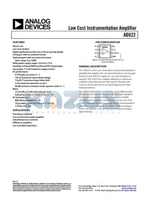 AD622ANZ datasheet - Low Cost Instrumentation Amplifier