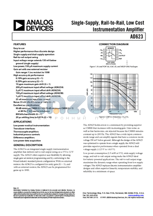 AD623ANZ datasheet - Single-Supply, Rail-to-Rail, Low Cost Instrumentation Amplifier