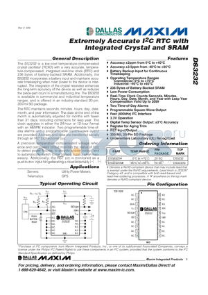 DS3232 datasheet - Extremely Accurate I2C RTC with Integrated Crystal and SRAM