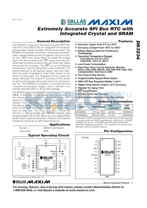 DS3234 datasheet - Extremely Accurate SPI Bus RTC with Integrated Crystal and SRAM