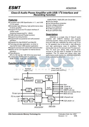 AD6255A datasheet - Class-D Audio Power Amplifier with USB / I2S Interface and Recording function