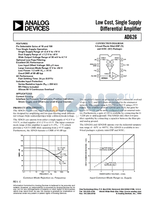 AD626AN datasheet - Low Cost, Single Supply Differential Amplifier