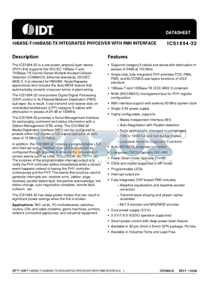 1894-32KLF datasheet - 10BASE-T/100BASE-TX INTEGRATED PHYCEIVER WITH RMII INTERFACE