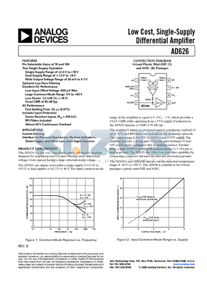 AD626AR datasheet - Low Cost, Single-Supply Differential Amplifi er