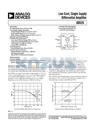 AD626AR-REEL7 datasheet - Low Cost, Single Supply Differential Amplifier