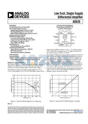 AD626BN datasheet - Low Cost, Single-Supply Differential Amplifi er