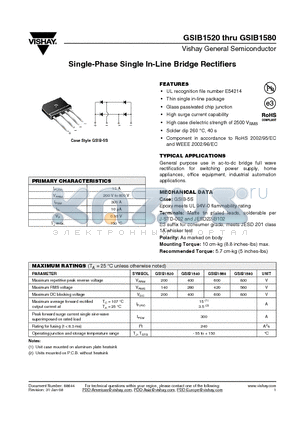 GSIB1560-E3/45 datasheet - Single-Phase Single In-Line Bridge Rectifiers
