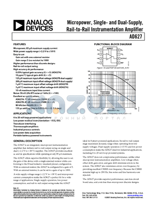 AD627AR-REEL7 datasheet - Micropower, Single- and Dual-Supply, Rail-to-Rail Instrumentation Amplifier