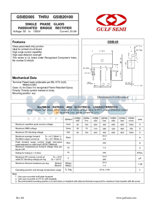 GSIB2005 datasheet - SINGLE PHASE GLASS PASSIVATED BRIDGE RECTIFIER Voltage: 50 to 1000V Current: 20.0A