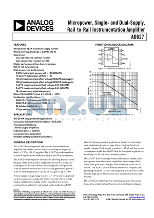 AD627BRZ-RL datasheet - Micropower, Single- and Dual-Supply, Rail-to-Rail Instrumentation Amplifier