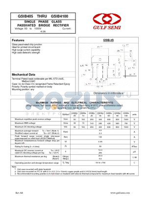 GSIB480 datasheet - SINGLE PHASE GLASS PASSIVATED BRIDGE RECTIFIER Voltage: 50 to 1000V Current: 4.0A