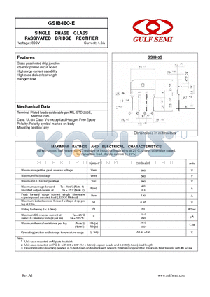 GSIB480-E datasheet - SINGLE PHASE GLASS PASSIVATED BRIDGE RECTIFIER Voltage: 800V Current: 4.0A