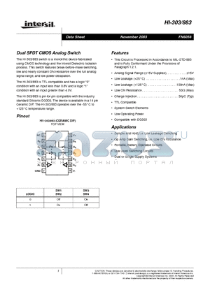 HI-303/883 datasheet - Dual SPDT CMOS Analog Switch