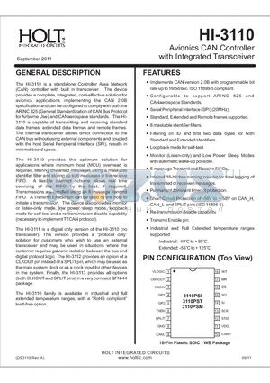 HI-3110 datasheet - Avionics CAN Controller with Integrated Transceiver