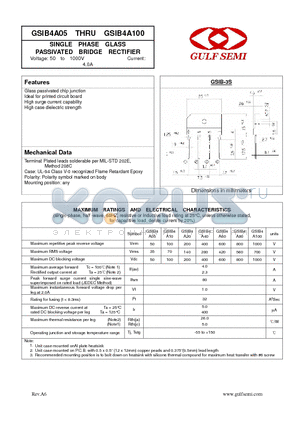 GSIB4A60 datasheet - SINGLE PHASE GLASS PASSIVATED BRIDGE RECTIFIER Voltage: 50 to 1000V Current: 4.0A