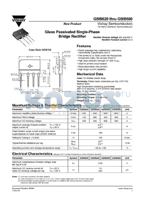 GSIB620 datasheet - Glass Passivated Single-Phase Bridge Rectifier
