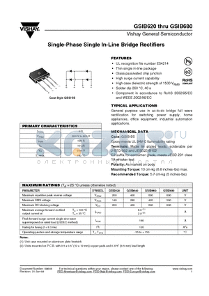GSIB640 datasheet - Single-Phase Single In-Line Bridge Rectifiers
