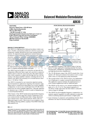 AD630A datasheet - Balanced Modulator/Demodulator